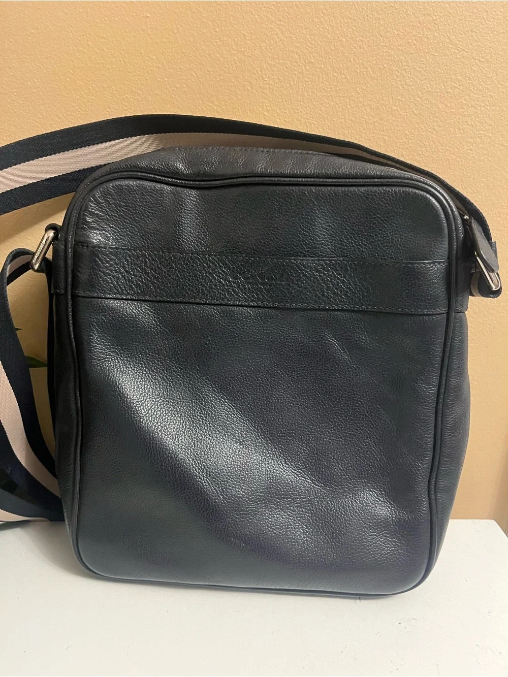 Men's Dark Navy Leather Crossbody Bag with Striped Strap